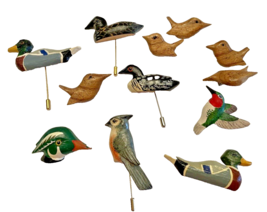 Pins 12 Carved Wood Hand Painted Birds Ducks Charles Smith Signed Brooch... - £66.78 GBP