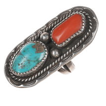 sz6.75 1970&#39;s Orville Tsinnie Sterling turquoise, and coral ring - $346.50