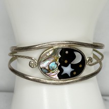 Vintage Alpaca Mexico Silver Tone Mother of Pearl Moon Star Inlay Cuff Bracelet - £19.32 GBP