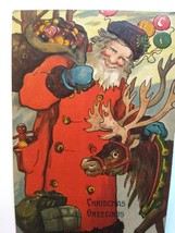 Vintage Christmas Postcard Santa Claus Reindeer Deep Embossed Germany Original  - £21.22 GBP