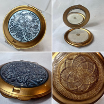 Mavco Lucite Compact Gold And Blue Flowers Mirrored Powder Box W/ Puff &amp;... - $29.65