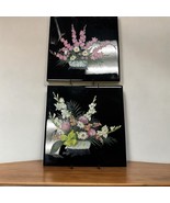 Vintage Pair Of 2 USOTCO Romany Hand Painted  Black 6” Tile Floral Flowe... - $85.53 CAD