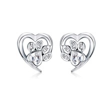 WOSTU 925 Silver Paw Dog Footprint Heart Stud Earrings For Women Stylish Zircon  - £16.11 GBP