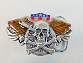 Painted Enamel Biker Skull Dagger Eagle Pewter Belt Buckle 1989 Siskiyou - $460.00 MXN