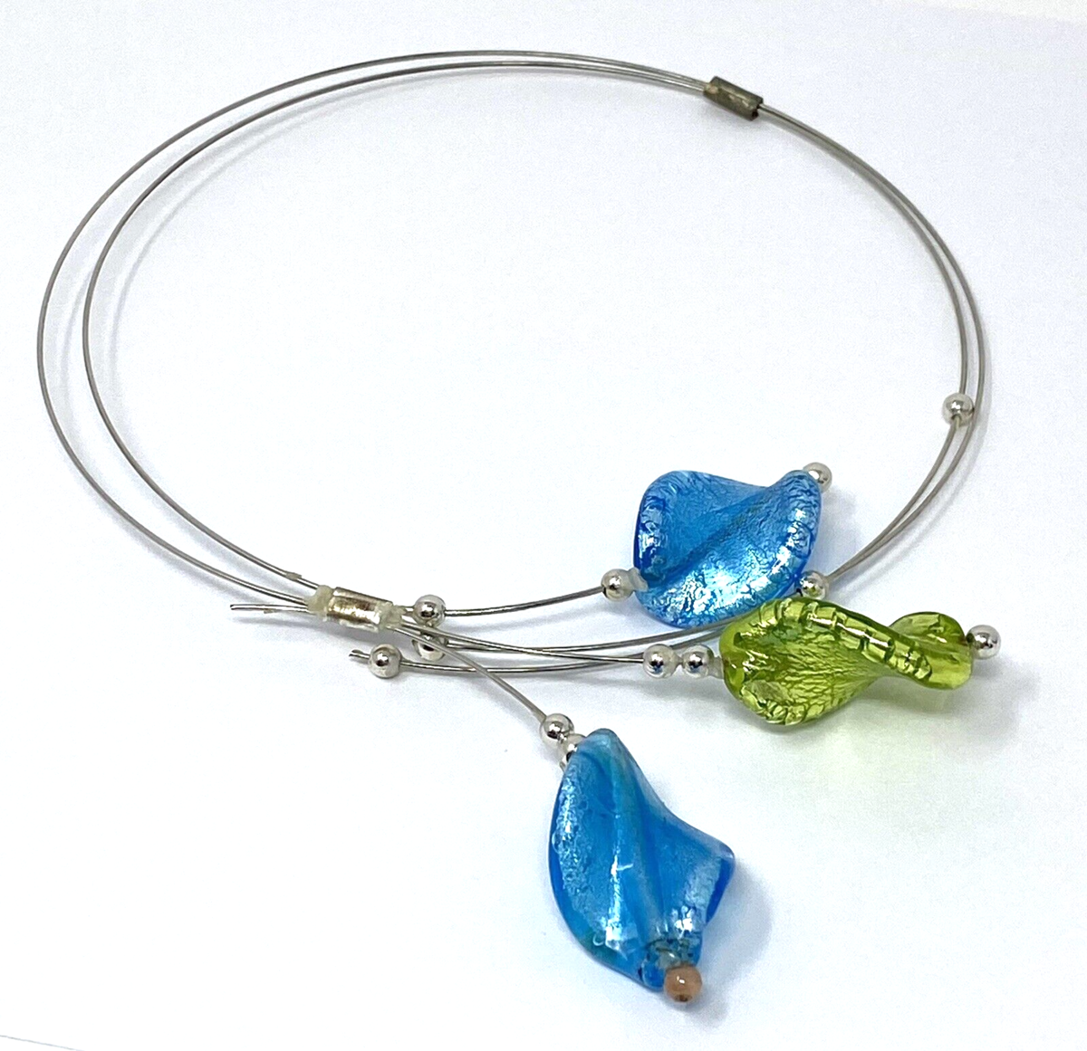 Beaded Wire Statement Choker with Blown Glass Leaves, Blue, Green - $15.19