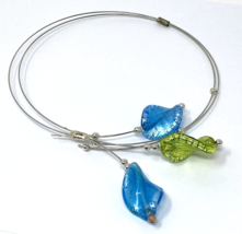 Beaded Wire Statement Choker with Blown Glass Leaves, Blue, Green - $277.53 MXN