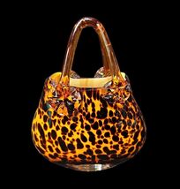 Tortoiseshell Cased Art Glass Handbag Vase Amber Leopard Vintage - $138.55