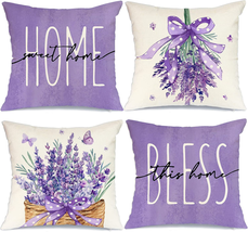 Home Sweet Home Bless This Home Lavender Spring Pillows 18X18 Set of 4 Decorativ - £23.06 GBP