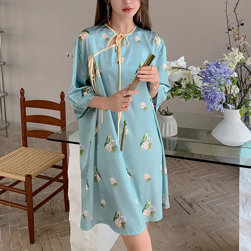 New Cute Imitation Silk Country Style Loose 3/4 Sleeve Pajama Dress Summer Thin  - £60.81 GBP