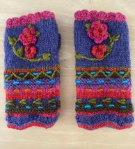 Lost Horizons Handknit 100% Wool Fingerless Gloves Nepal Lined Purple Pink - $25.62
