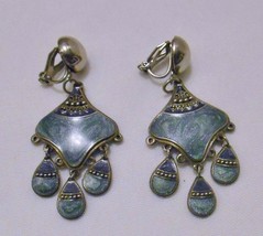 Edgar Berebi Vintage Enamel Dangle Drop Clip On Earrings Silver Tone Blue - £25.91 GBP