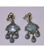 EDGAR BEREBI Vintage Enamel Dangle Drop CLIP ON EARRINGS Silver Tone Blue - £25.91 GBP