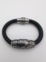 Harley-Davidson Silver Tone Stainless Steel Black Leather Wrist Band Bracelet - £22.17 GBP