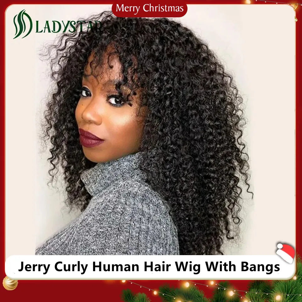 Jerry Curly Human Hair Wigs With Bangs Brazilian Remy Curly Human Hair Wigs For - £37.23 GBP+