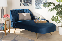 Mirna Navy Blue Velvet Fabric Upholstered and Gold Finished Chaise - $14,128.24 MXN