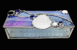 Stained Glass Jewelry Box Seashells Faux Gems Iridescent Textured Blue 7.5&quot; - £56.42 GBP