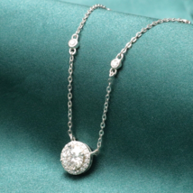 2CT Round Natural Moissanite Halo Drop Station Necklace in 14K White Gold Over - £91.80 GBP