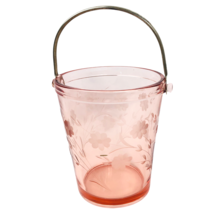 Pink Ice Bucket Depression Glass Etched Flowers Brass Handle 6&quot; x 5 Vintage - £33.64 GBP