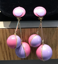 Vtg 70s 80s Mod Pink Purple Plastic Brass Bauble Bubble Dangle Clip On Earrings - £40.08 GBP
