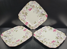 (3) 222 Fifth Gisela Square Dinner Plates Set Floral On Cream Porcelain ... - £45.00 GBP