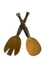 Wooden Hand Carved Kenya Zebra Salad Servers Tongs Spoon Fork African Ar... - $18.81