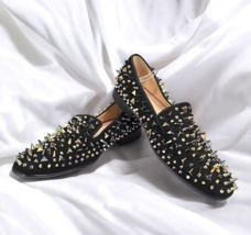 LTTL Black Spikes Men&#39;s  Loafers 46/12US Flat Gold Black Spike Rivets Red Soles - $84.14