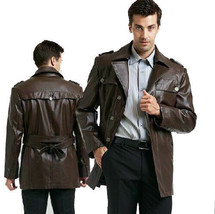 Halloween Casual Trench Coat Stylish Formal Brown Genuine Lambskin Leather Men - £123.30 GBP