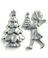 VTG Angel Carrying Tree &amp; Christmas Tree Pin Lot 2 Pewter Tone Holiday J... - $18.99