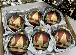 Set of 6 red and gold Christmas glass balls, hand painted ornaments with... - £56.88 GBP