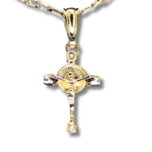 Mini Crucifix Pendant 14k Gold Plated 20&quot; Figaro Chain Men Women Religio... - $8.59