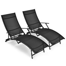 2 Pieces Patio Folding Stackable Lounge Chair Chaise with Armrest-Black ... - £224.59 GBP