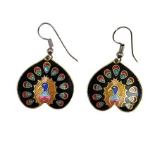 Vintage Heart Black Cloisonne Peacock Hook Earrings Gold Blue Enamel - £14.13 GBP