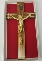 Crucifix Italian Brass Color Lined Wood Jesus 1960s Handmade Vintage  - £15.14 GBP