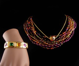 Joan rivers set - Rhinestone bracelet - enamel necklace - huge glass bead neckla - £219.02 GBP