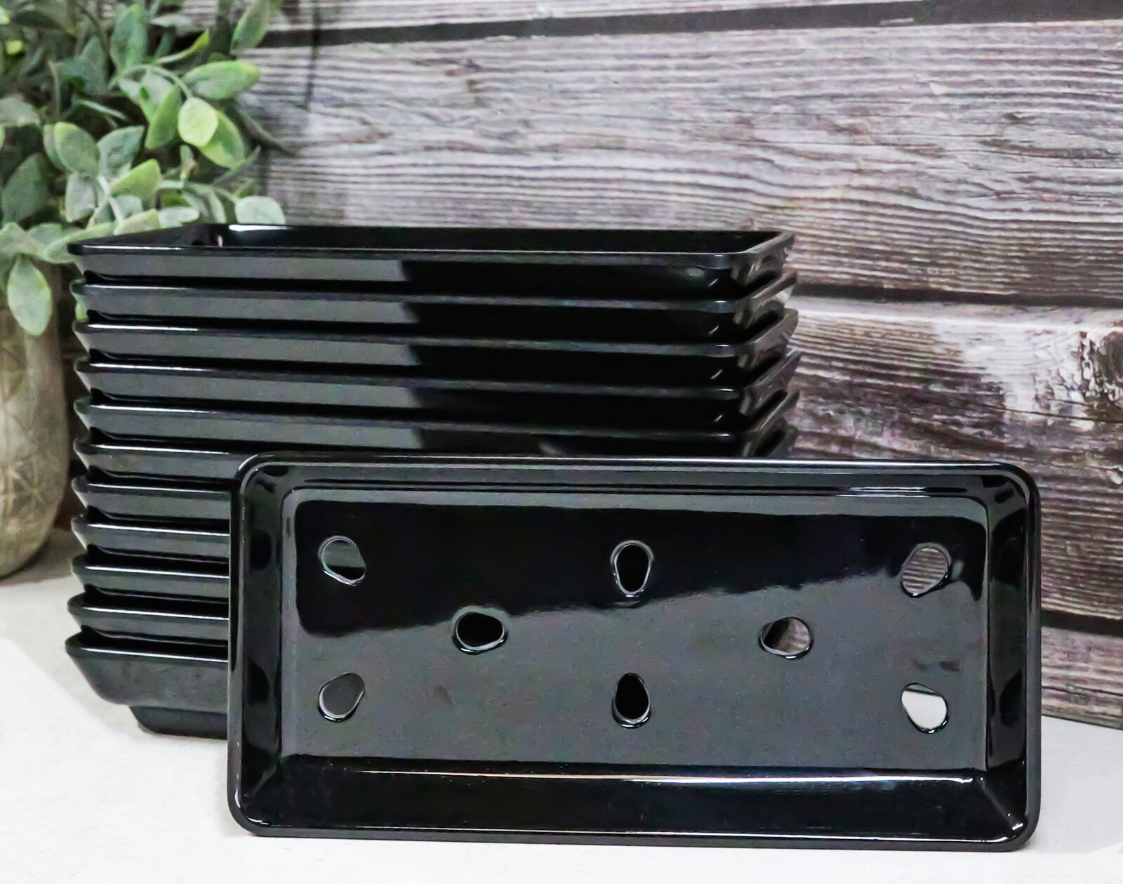 Pack Of 12 Black Neta Zara Sushi Case Sashimi Plates With Drip Holes 8" By 3.75