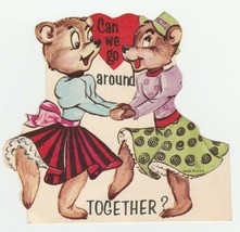 Vintage Valentine Card Dressed Bear Girls Dance Together 1950&#39;s Die-Cut - £5.52 GBP