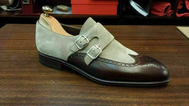 Handmade Monk Gray Brown Double Buckle Straps Genuine Leather Men Shoes - £102.63 GBP