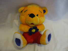 11 Inches Yellow Teddy Bear Red Pants &amp; Blue Flower  - £20.35 GBP
