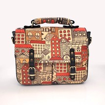 Handmade Canvas Messenger Bag Orange Beige City Print Faux Leather 10&quot;x ... - £62.53 GBP