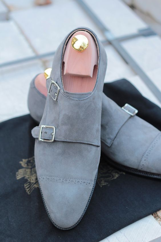 New Handmade Men Gray color Suede monk shoes, Men double monk Formal shoes Men s