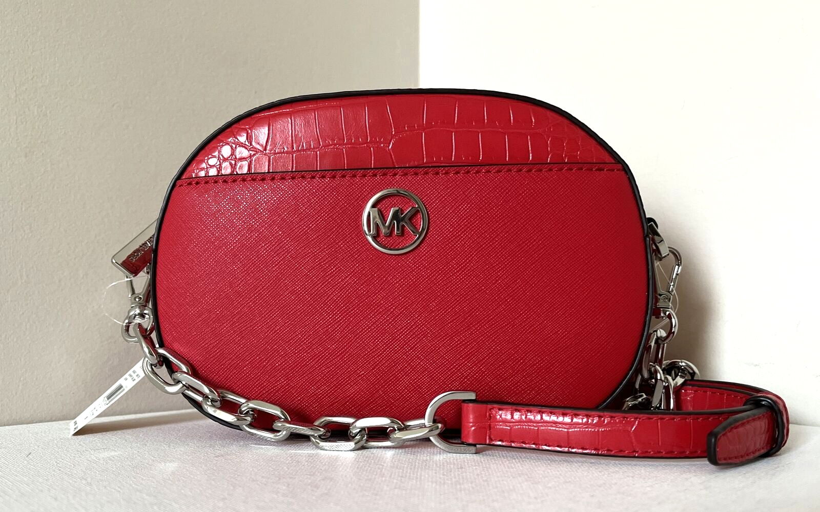 New Michael Kors Jet Set Glam Croc Small Oval Crossbody Bag Bright Red /... - $69.66
