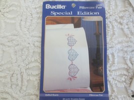 Complete BUCILLA QUILTED HEARTS Pillowcase Pair Kit #64089 including Floss - $12.00