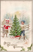 Hearty Christmas Children Getting Tree 1913 Rochester NY Postcard Z1 - £7.84 GBP