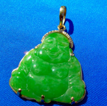 Earth mined Green Jade Laughing Budai Pu Tai Vintage Pendant 18k Gold Good Luck - €2.362,96 EUR