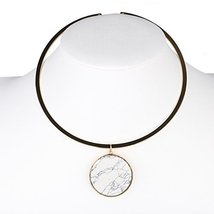 Gold Tone Choker Necklace with White Faux Marble Pendant - £21.64 GBP