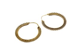 Indian Creole Earrings, Ornate Tribal Hoops, Brass Gold Earrings, Boho Gypsy  - £11.99 GBP