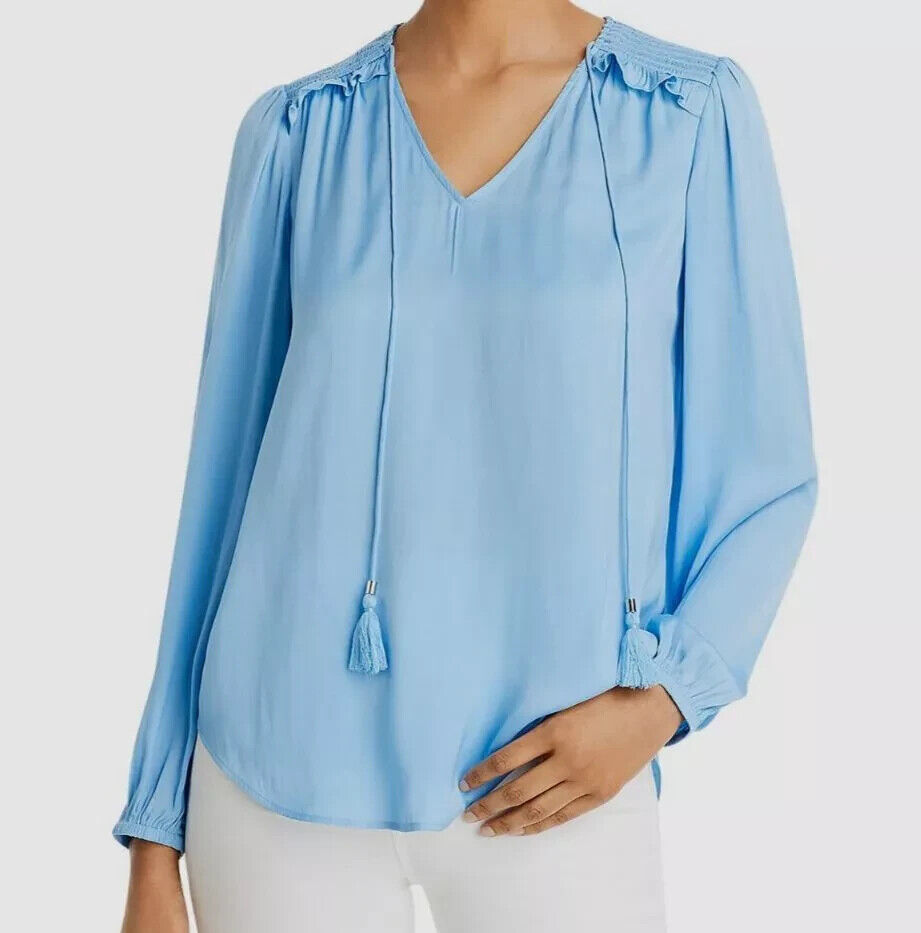 Primary image for T Tahari Women's Blue Long-Sleeve V-Neck Smocked Trim Blouse B4HP $78