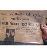 February 13 1939 Pittsburgh Sun Telegraph Hitler Pledges Truce Newspaper - $67.65 CAD