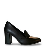 Women loafer heels black vegan shoes apple leather point toe beige class... - $2,717.36 MXN