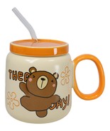 Whimsical Brown Bear Anime 16oz Orange Ceramic Mug Cup With Lid And Glas... - $24.60 CAD